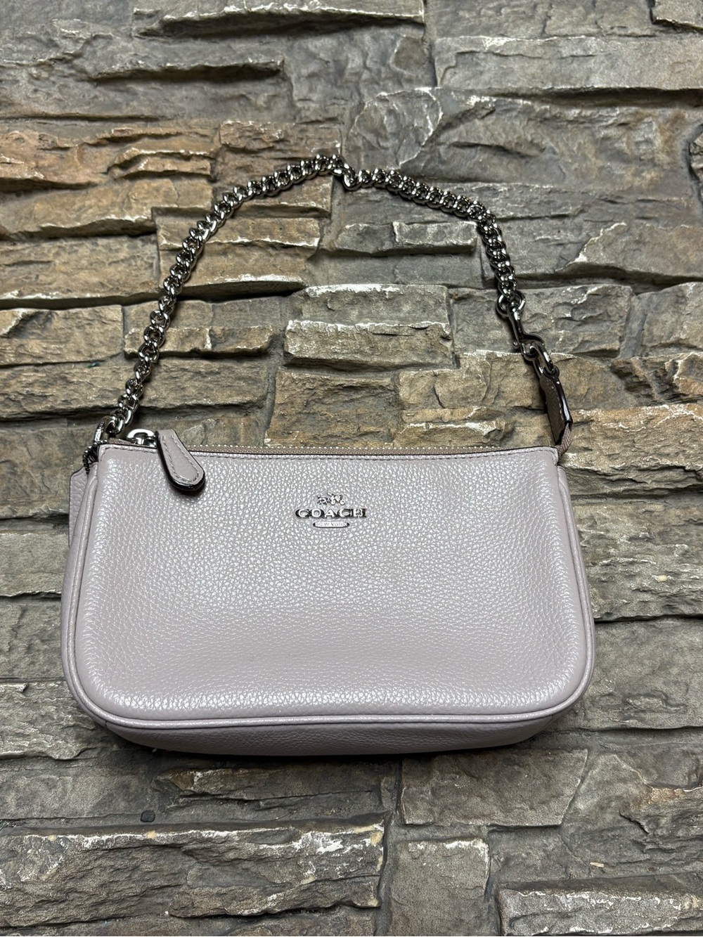 Coach Nolita Pebbled Leather Silver Chain Mini Shoulder Bag Wristlet Blush Pink